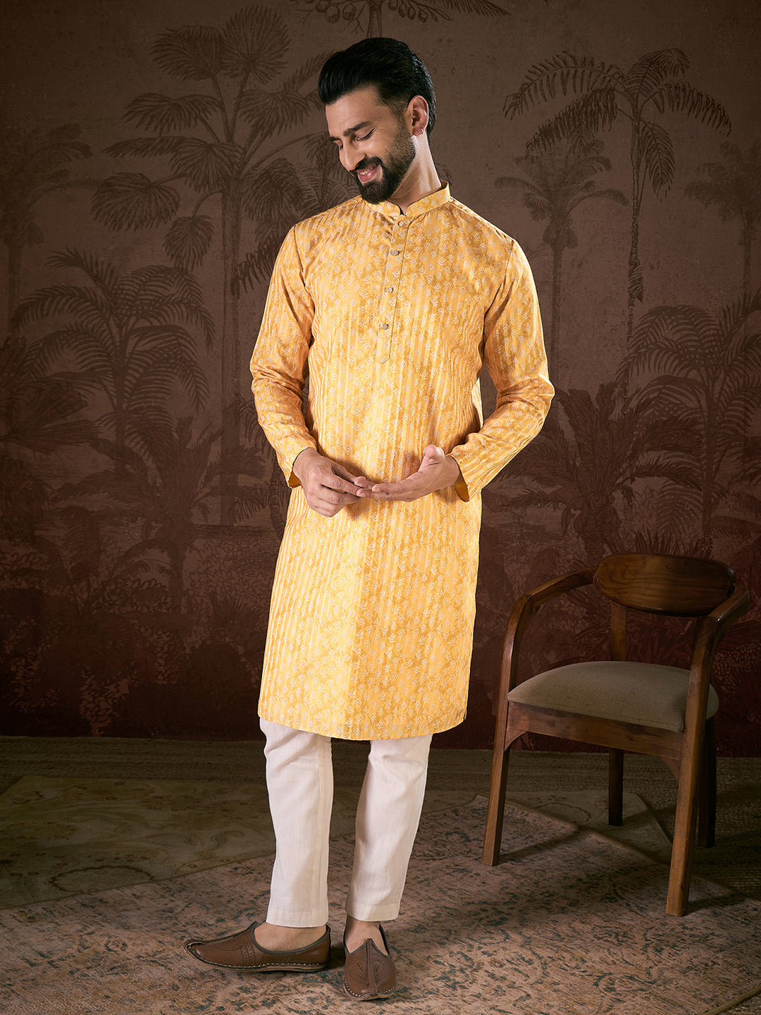 Men Yellow Silk Blend Ethnic Motifs Printed Straight Kurta With Trouser-MKSET1949
