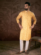Men Yellow Silk Blend Ethnic Motifs Printed Straight Kurta With Trouser-MKSET1949