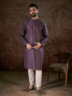 Men Purple Silk Blend Ethnic Motifs Printed Straight Kurta With Trouser-MKSET1950