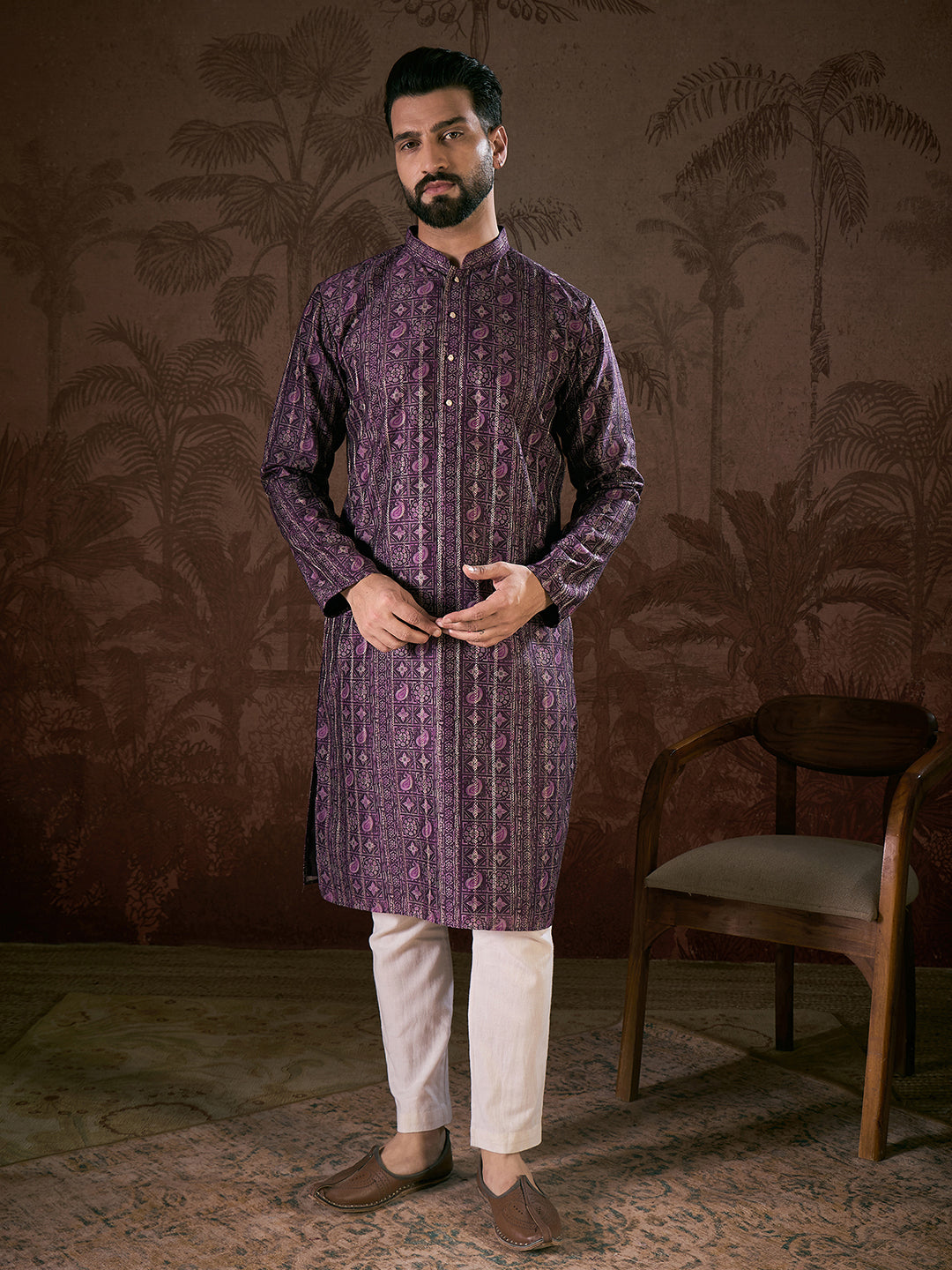 Men Purple Silk Blend Ethnic Motifs Printed Straight Kurta With Trouser-MKSET1950