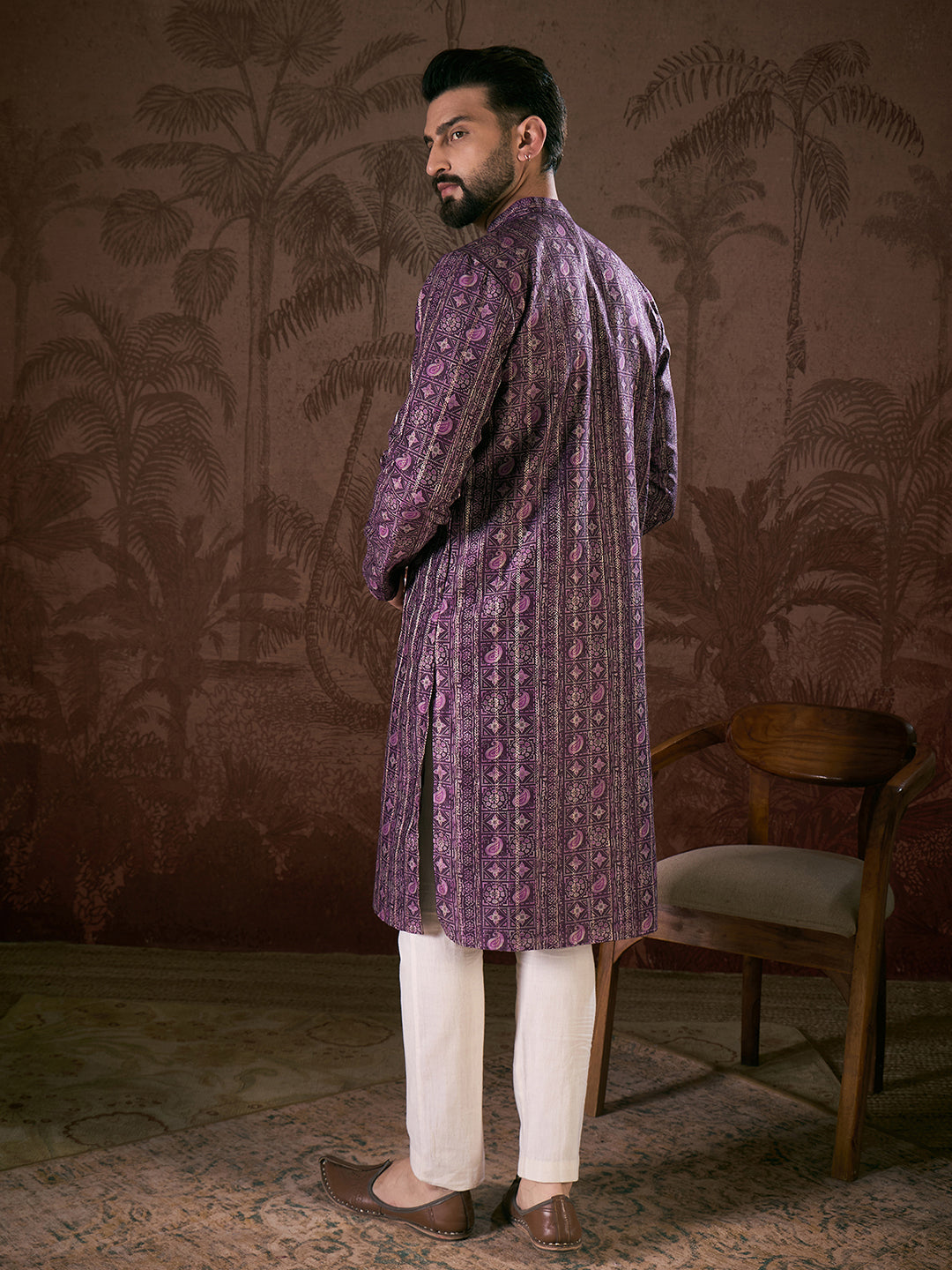 Men Purple Silk Blend Ethnic Motifs Printed Straight Kurta With Trouser-MKSET1950