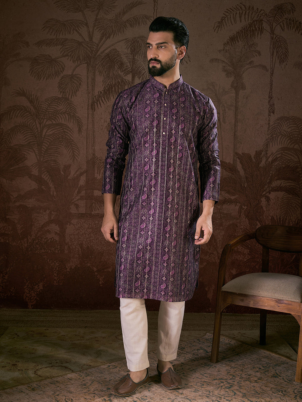Men Purple Silk Blend Ethnic Motifs Printed Straight Kurta With Trouser-MKSET1950