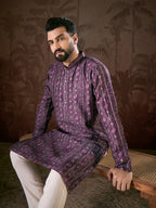 Men Purple Silk Blend Ethnic Motifs Printed Straight Kurta With Trouser-MKSET1950