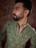 Men Green Silk Blend Ethnic Motifs Printed Straight Kurta With Trouser-MKSET1951