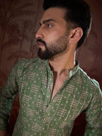 Men Green Silk Blend Ethnic Motifs Printed Straight Kurta With Trouser-MKSET1951