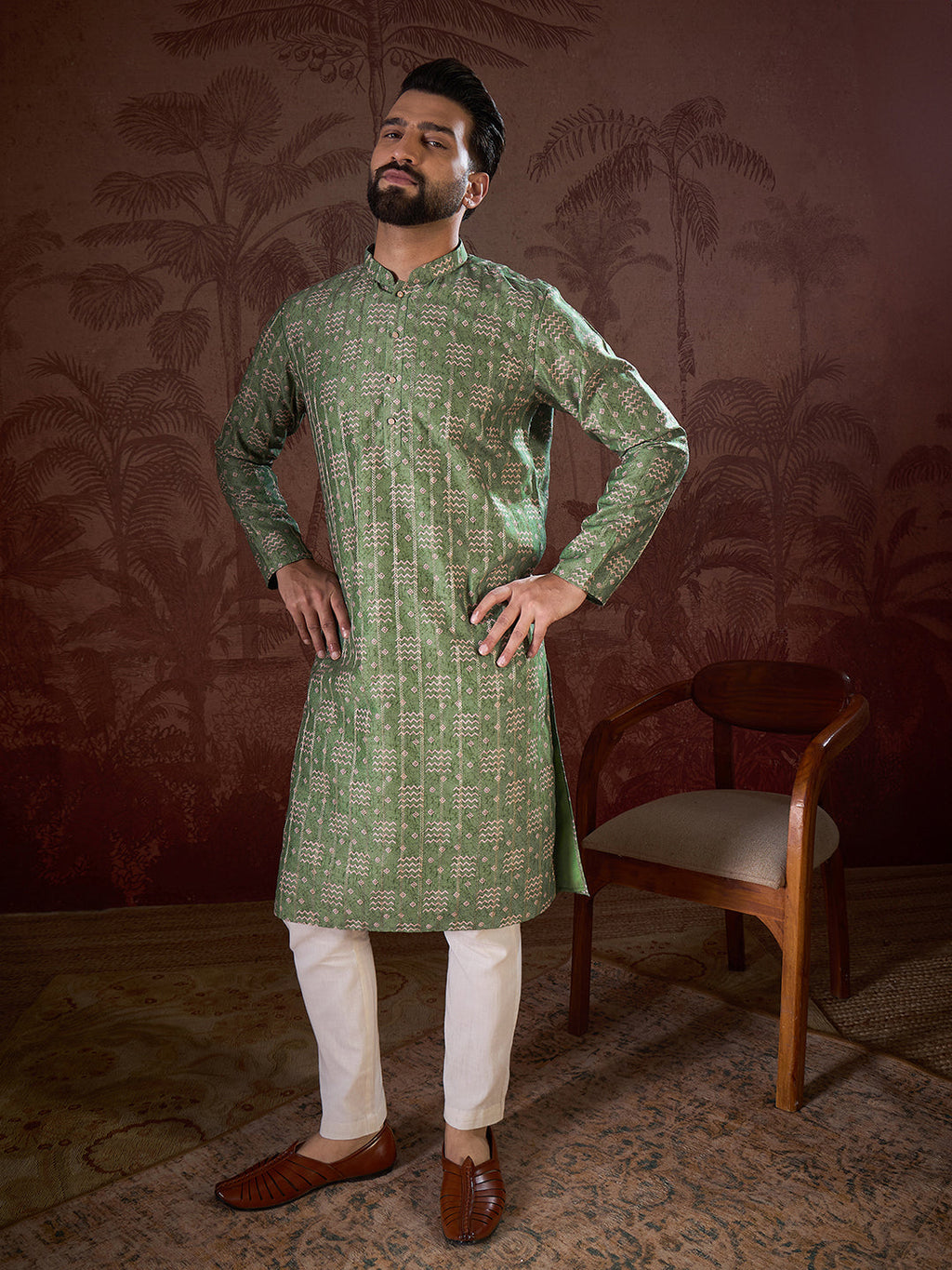 Men Green Silk Blend Ethnic Motifs Printed Straight Kurta With Trouser-MKSET1951