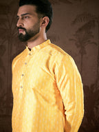 Men Yellow Silk Blend Ethnic Motifs Printed Straight Kurta With Trouser-MKSET1952