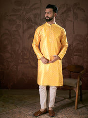 Men Yellow Silk Blend Ethnic Motifs Printed Straight Kurta With Trouser-MKSET1952