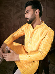 Men Yellow Silk Blend Ethnic Motifs Printed Straight Kurta With Trouser-MKSET1952