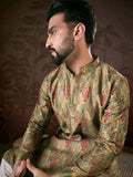 Men Green Silk Blend Floral Printed Straight Kurta With Trouser-MKSET1953