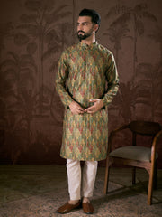 Men Green Silk Blend Floral Printed Straight Kurta With Trouser-MKSET1953