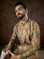 Men Green Silk Blend Floral Printed Straight Kurta With Trouser-MKSET1953