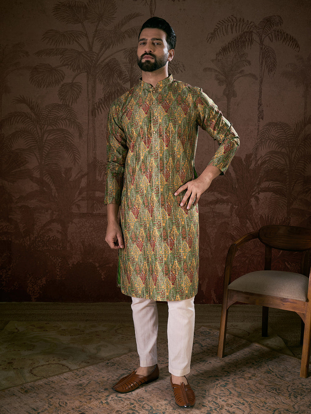 Men Green Silk Blend Floral Printed Straight Kurta With Trouser-MKSET1953