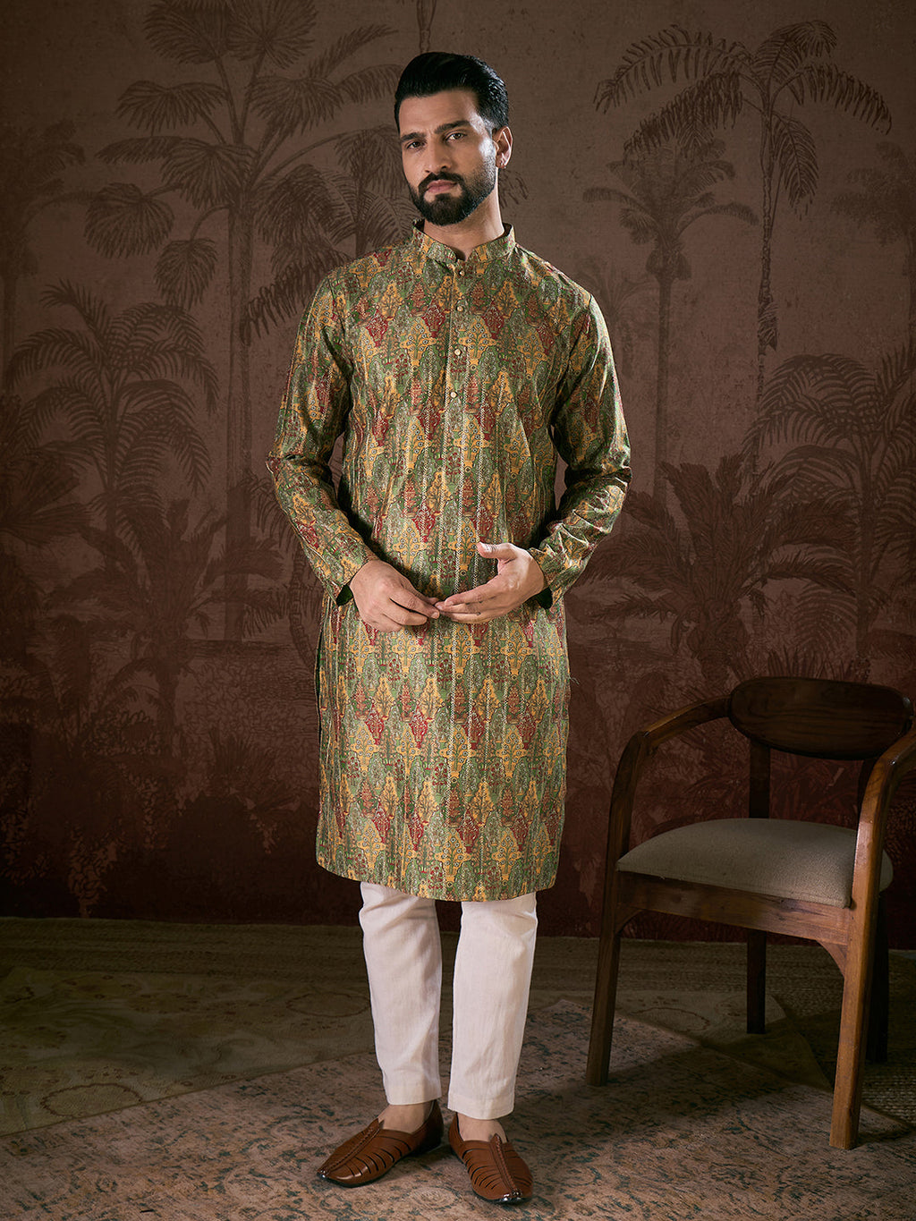 Men Green Silk Blend Floral Printed Straight Kurta With Trouser-MKSET1953
