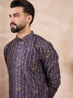 Men Violet Silk Blend Ethnic Motifs Printed Straight Kurta With Trouser-MKSET1954