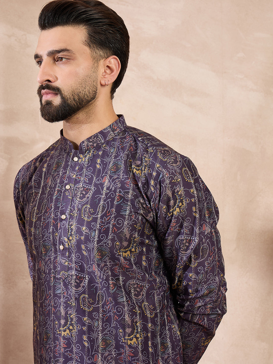Men Violet Silk Blend Ethnic Motifs Printed Straight Kurta With Trouser-MKSET1954