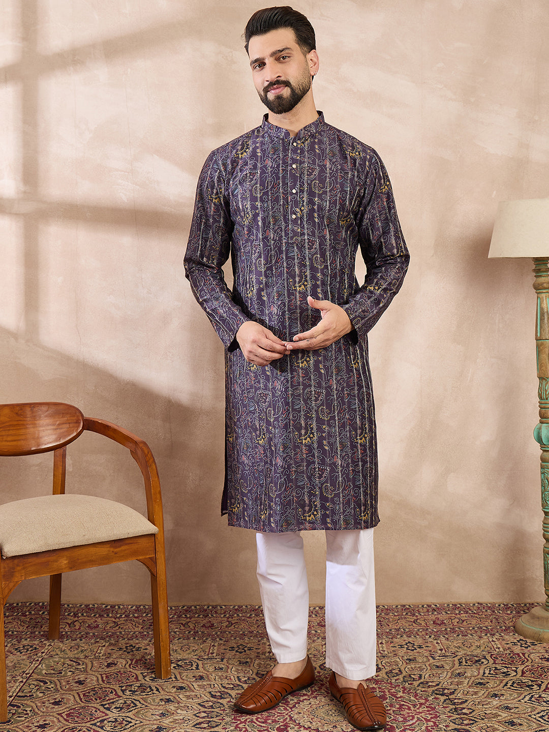 Men Violet Silk Blend Ethnic Motifs Printed Straight Kurta With Trouser-MKSET1954