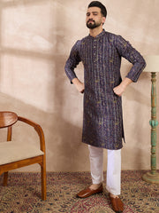 Men Violet Silk Blend Ethnic Motifs Printed Straight Kurta With Trouser-MKSET1954