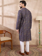 Men Violet Silk Blend Ethnic Motifs Printed Straight Kurta With Trouser-MKSET1954