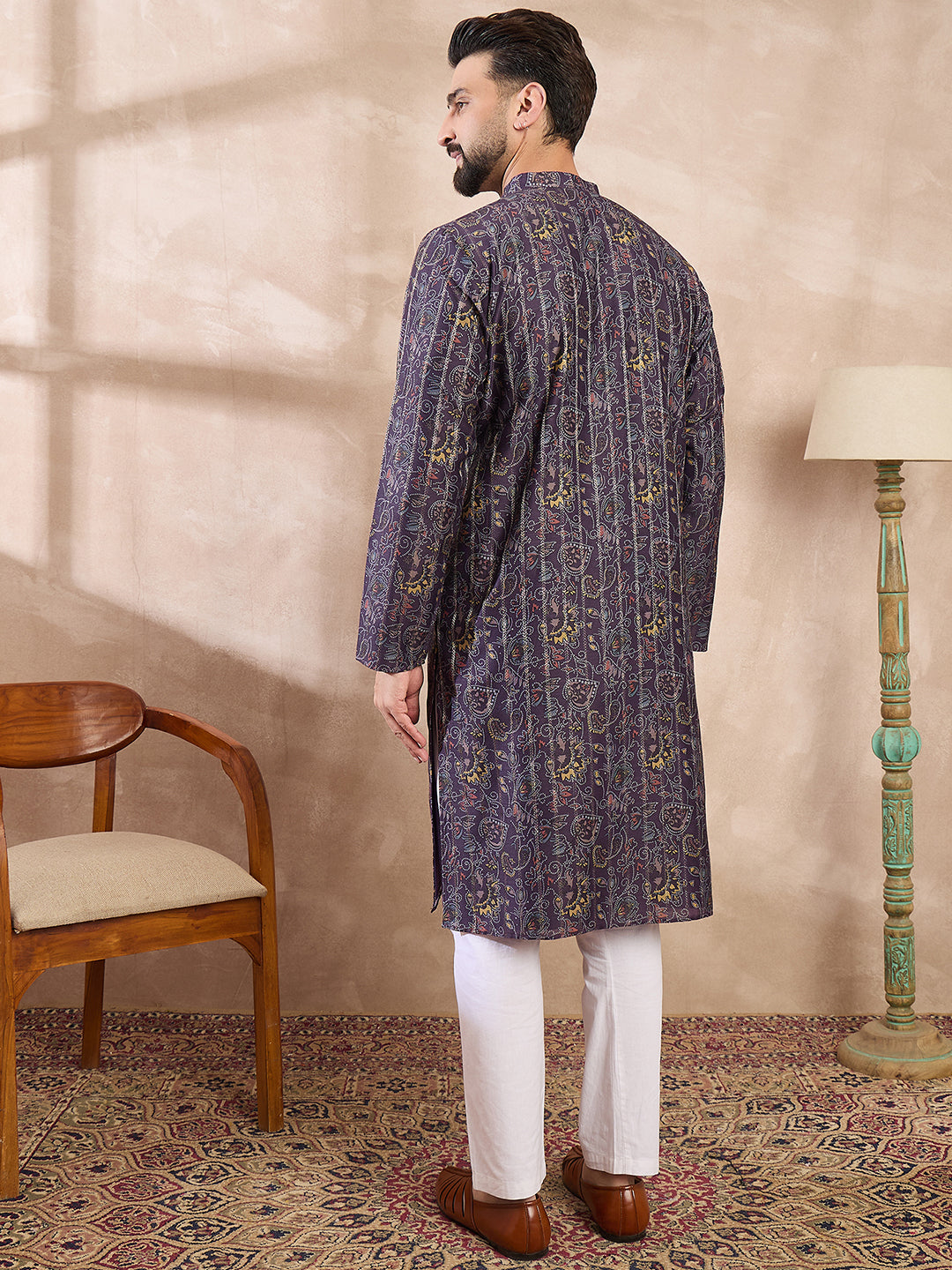 Men Violet Silk Blend Ethnic Motifs Printed Straight Kurta With Trouser-MKSET1954
