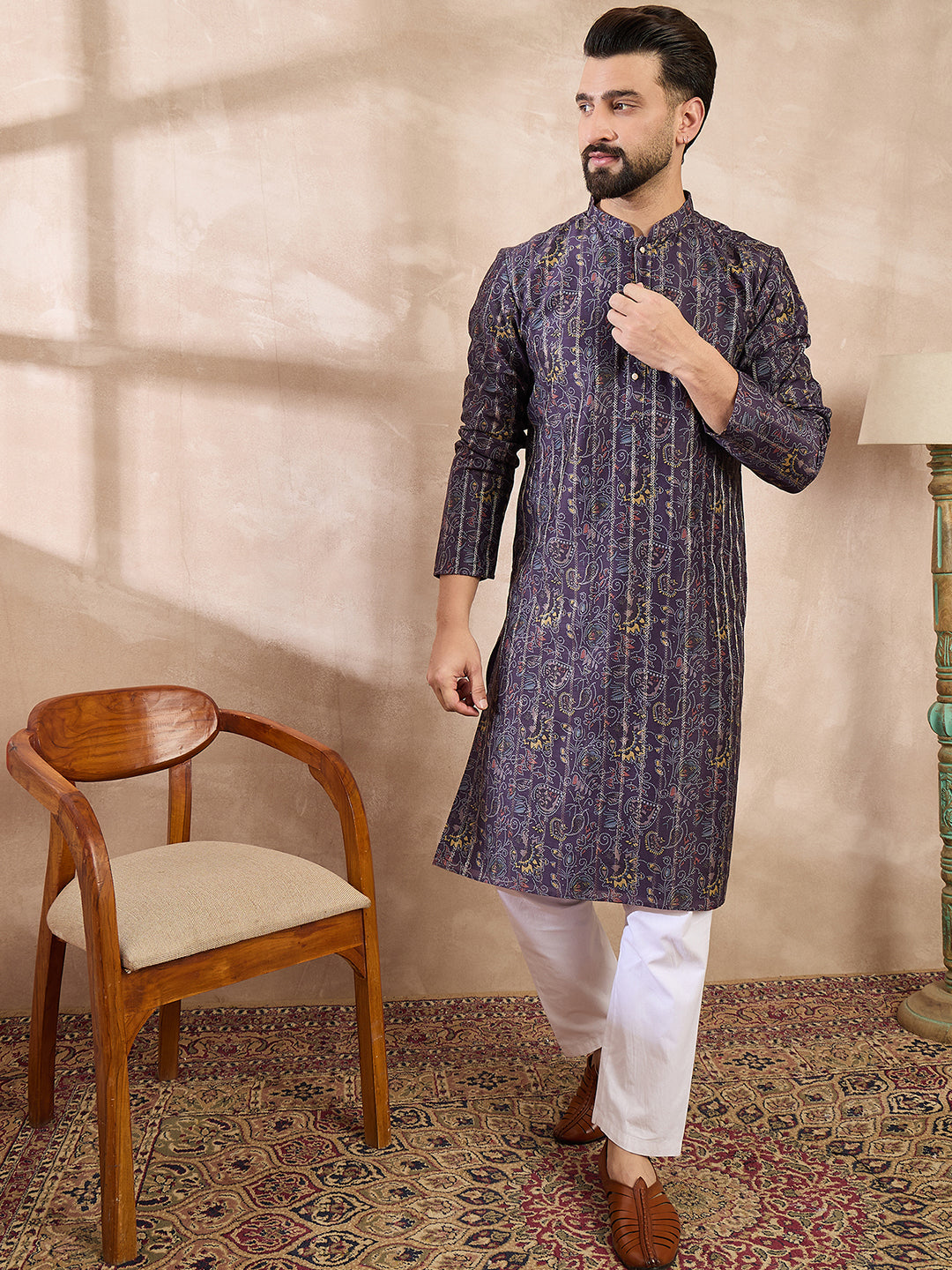 Men Violet Silk Blend Ethnic Motifs Printed Straight Kurta With Trouser-MKSET1954