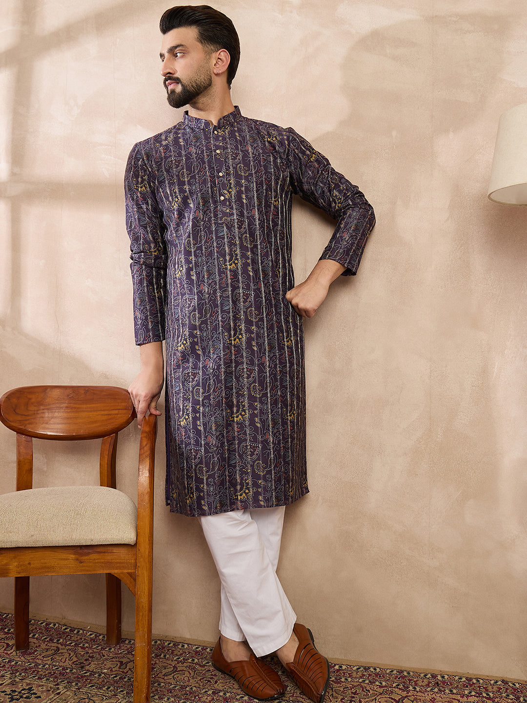 Men Violet Silk Blend Ethnic Motifs Printed Straight Kurta With Trouser-MKSET1954
