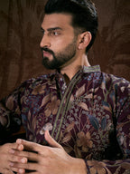 Men Purple Silk Blend Floral Printed Straight Kurta With Trouser-MKSET1957