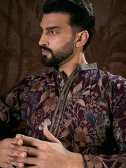 Men Purple Silk Blend Floral Printed Straight Kurta With Trouser-MKSET1957