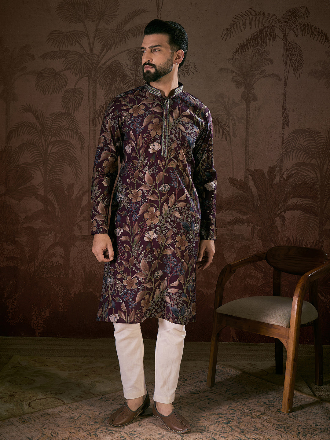 Men Purple Silk Blend Floral Printed Straight Kurta With Trouser-MKSET1957