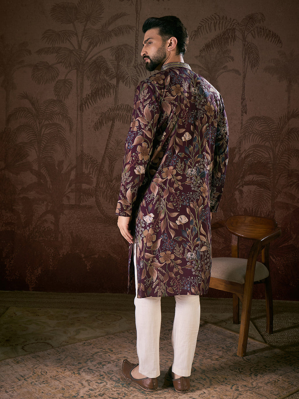 Men Purple Silk Blend Floral Printed Straight Kurta With Trouser-MKSET1957