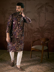 Men Purple Silk Blend Floral Printed Straight Kurta With Trouser-MKSET1957