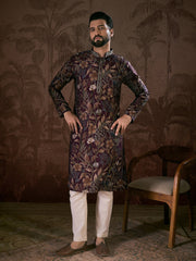 Men Purple Silk Blend Floral Printed Straight Kurta With Trouser-MKSET1957