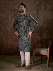 Men Navy Blue Silk Blend Abstract Printed Straight Kurta With Trouser-MKSET1958