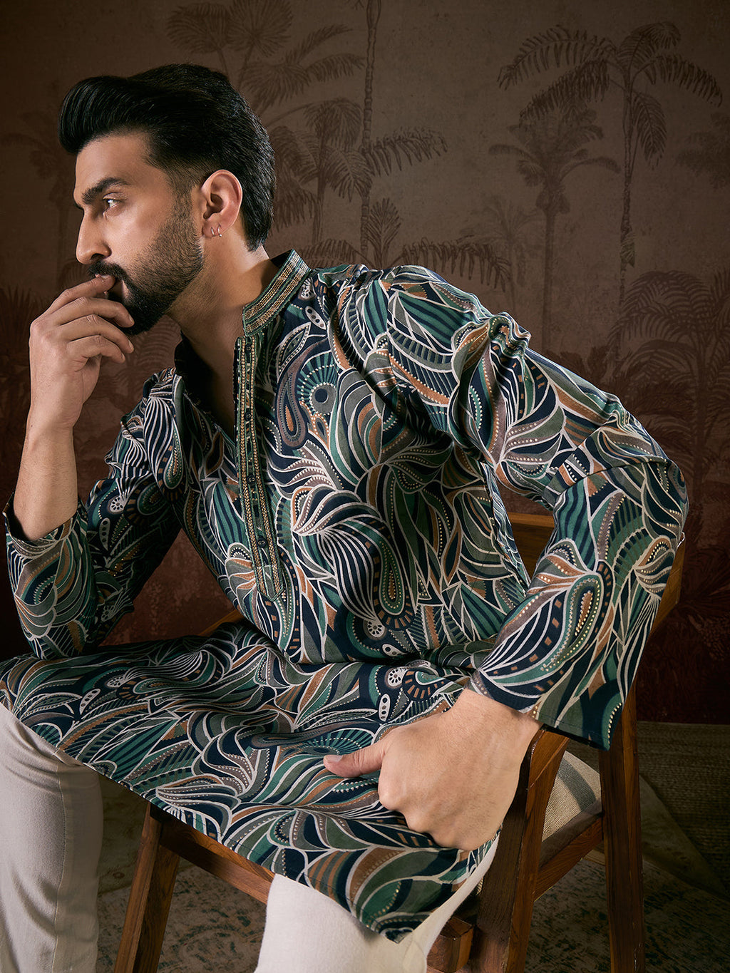 Men Navy Blue Silk Blend Abstract Printed Straight Kurta With Trouser-MKSET1958