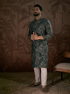 Men Navy Blue Silk Blend Abstract Printed Straight Kurta With Trouser-MKSET1958