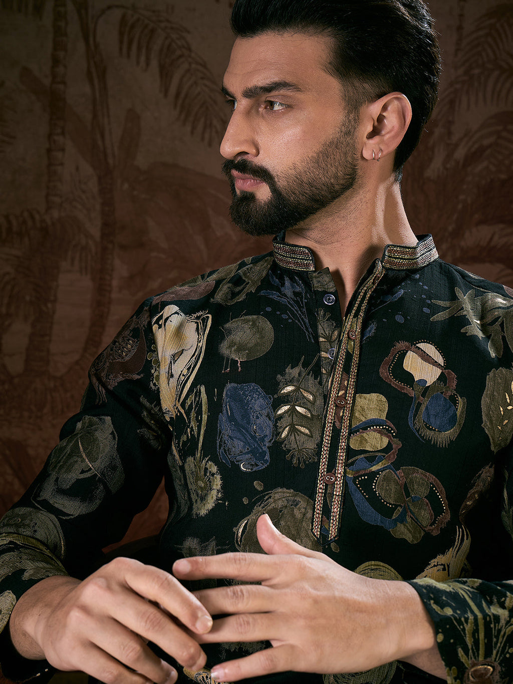 Men Black Silk Blend Floral Printed Straight Kurta With Trouser-MKSET1960