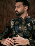 Men Black Silk Blend Floral Printed Straight Kurta With Trouser-MKSET1960