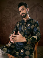 Men Black Silk Blend Floral Printed Straight Kurta With Trouser-MKSET1960