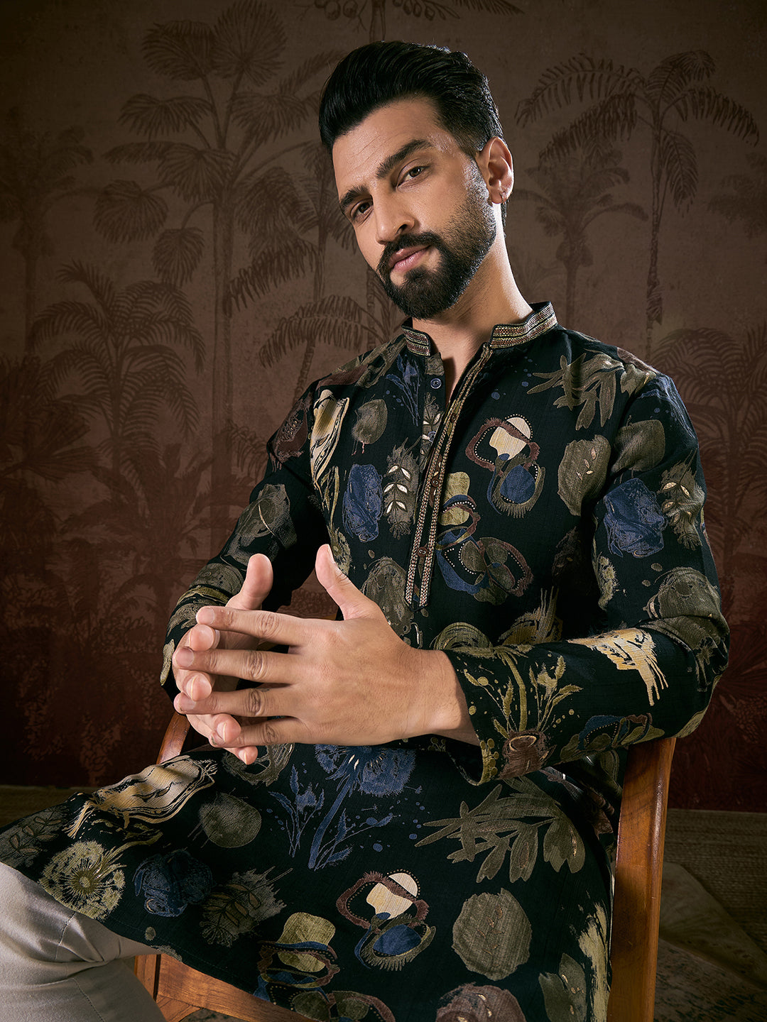 Men Black Silk Blend Floral Printed Straight Kurta With Trouser-MKSET1960