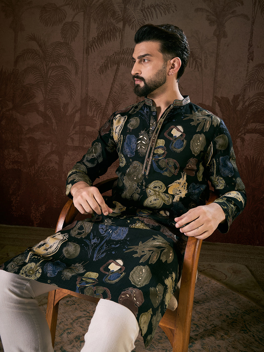 Men Black Silk Blend Floral Printed Straight Kurta With Trouser-MKSET1960