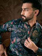 Men Blue Silk Blend Floral Printed Straight Kurta With Trouser-MKSET1962