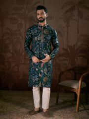 Men Blue Silk Blend Floral Printed Straight Kurta With Trouser-MKSET1962