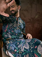 Men Blue Silk Blend Floral Printed Straight Kurta With Trouser-MKSET1962