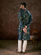 Men Blue Silk Blend Floral Printed Straight Kurta With Trouser-MKSET1962