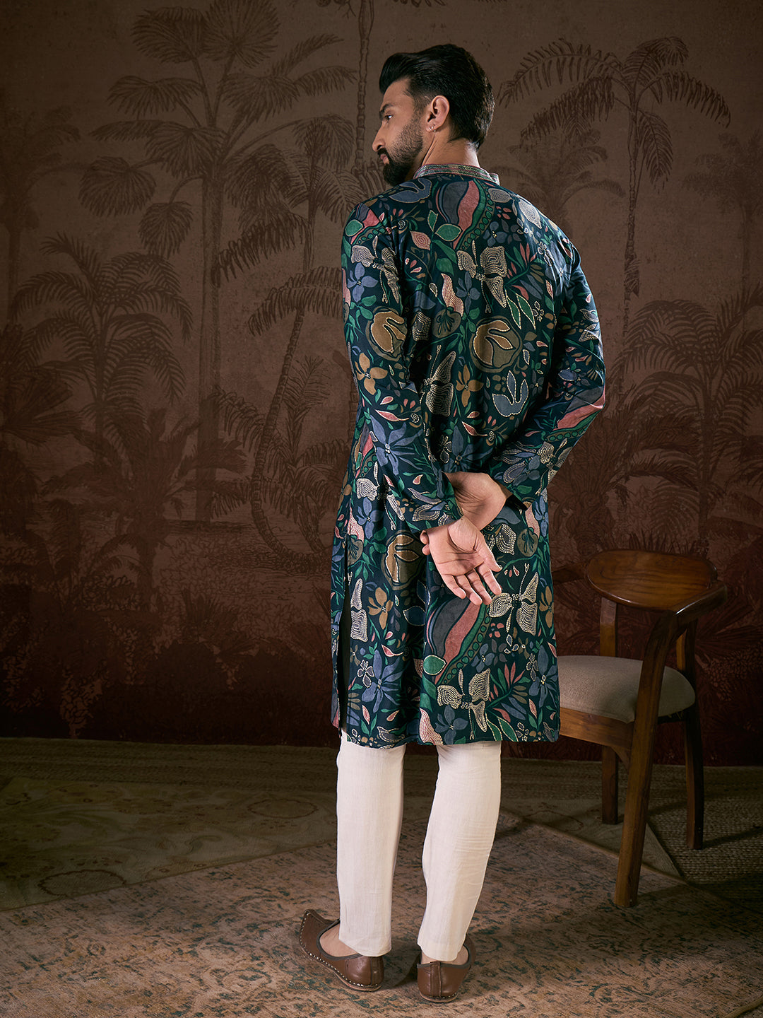 Men Blue Silk Blend Floral Printed Straight Kurta With Trouser-MKSET1962