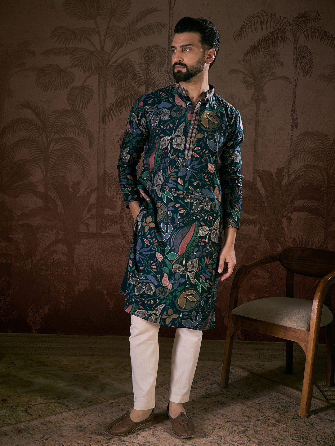 Men Blue Silk Blend Floral Printed Straight Kurta With Trouser-MKSET1962