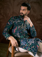 Men Blue Silk Blend Floral Printed Straight Kurta With Trouser-MKSET1962