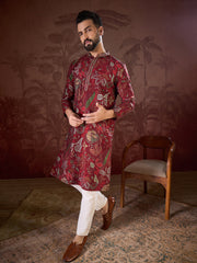 Men Maroon Silk Blend Floral Printed Straight Kurta With Trouser-MKSET1963
