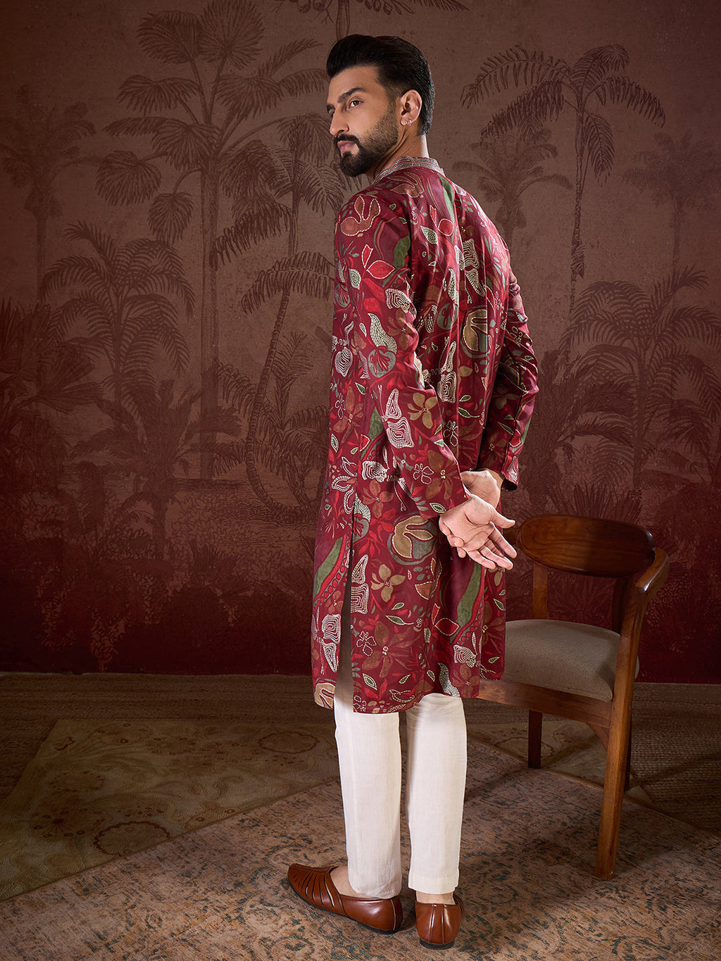 Men Maroon Silk Blend Floral Printed Straight Kurta With Trouser-MKSET1963