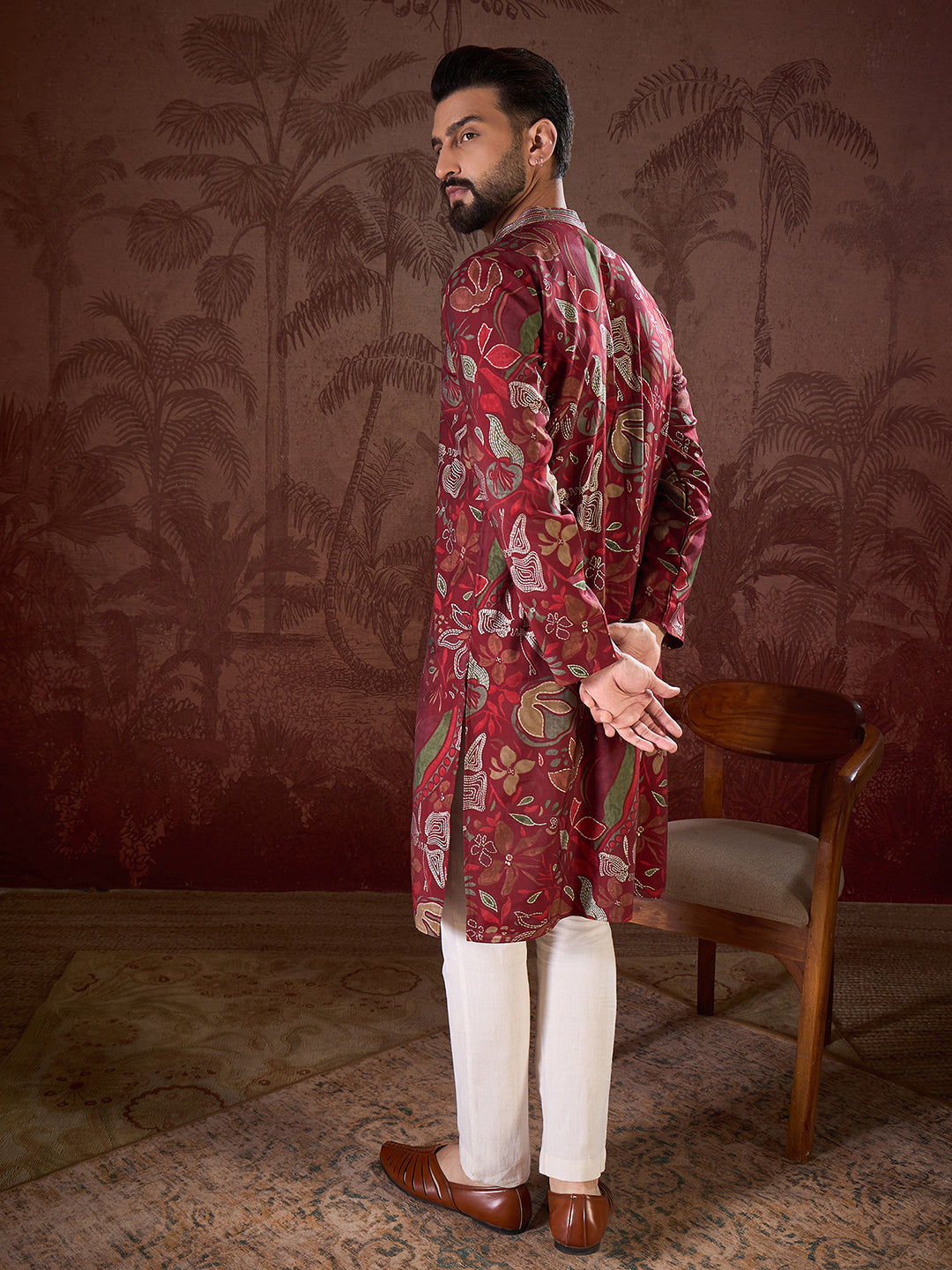 Men Maroon Silk Blend Floral Printed Straight Kurta With Trouser-MKSET1963